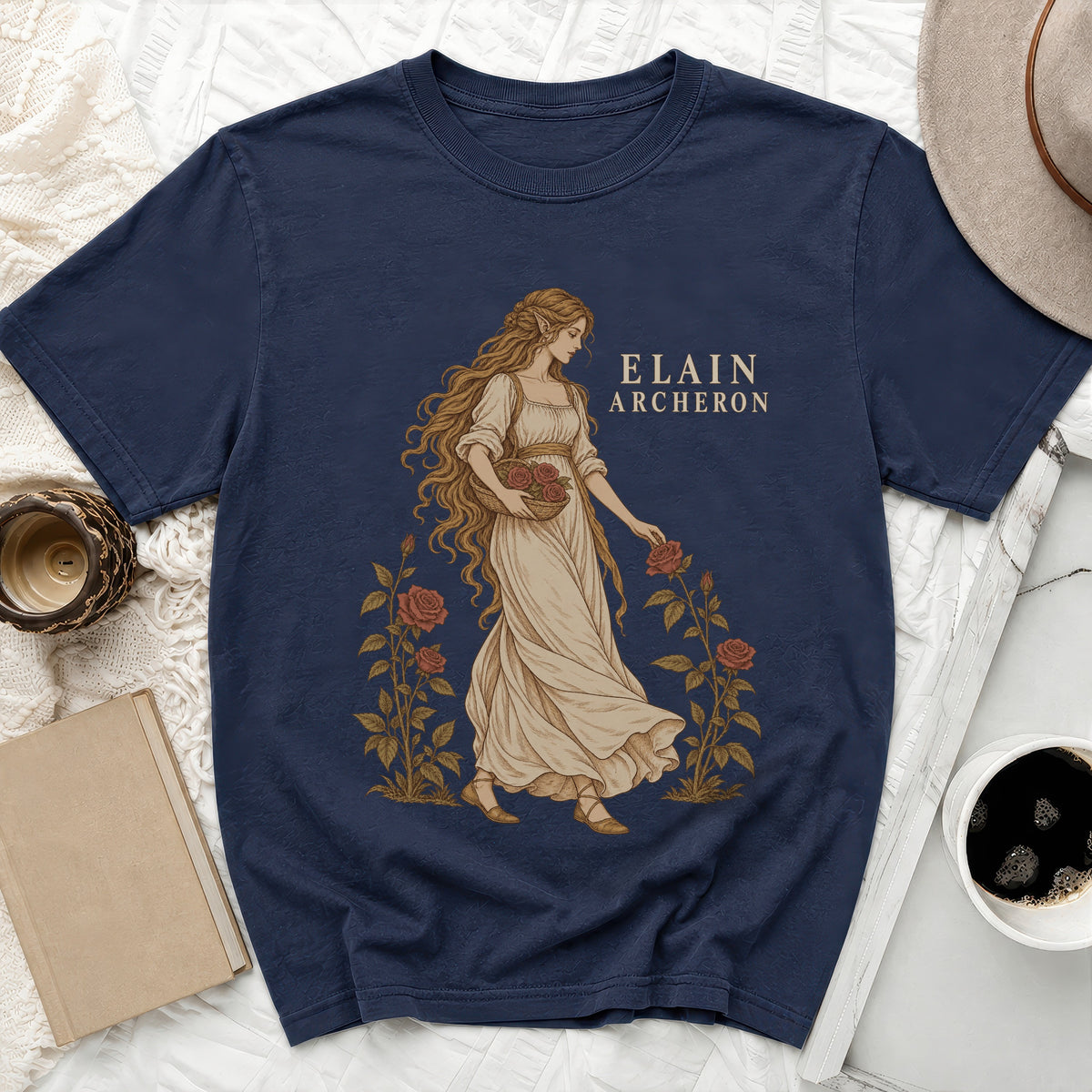 Navy t-shirt with Elain Archeron illustration, holding roses, surrounded by flowers.