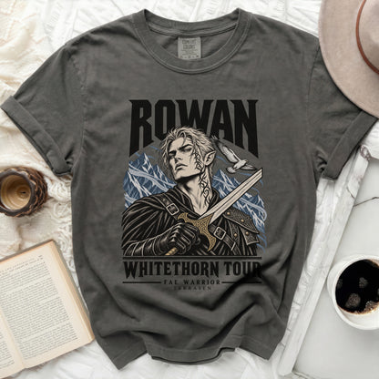 Rowan Fae Warrior Whithorn Tour graphic t-shirt with sword and bird design.
