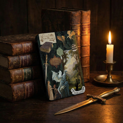 Fantasy book spine collage with dragon, sword, and "Book Lover" text.
