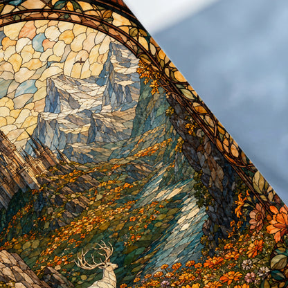 Stained glass artwork depicts a castle, deer, mountains, and flowers with a stained-glass border.