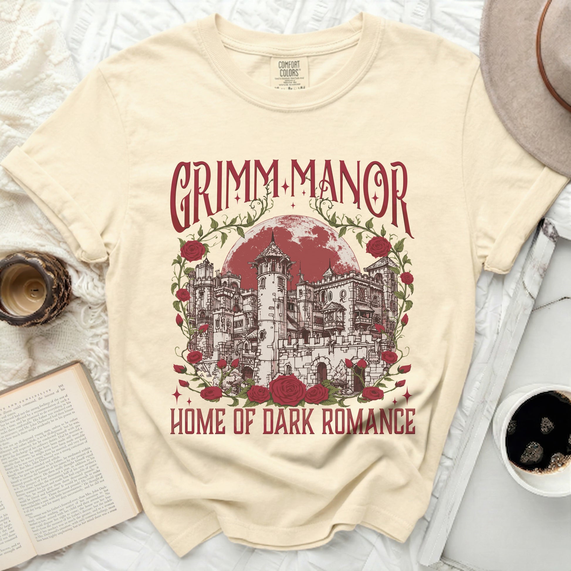 Grimm Manor home of dark romance t-shirt with castle and roses.