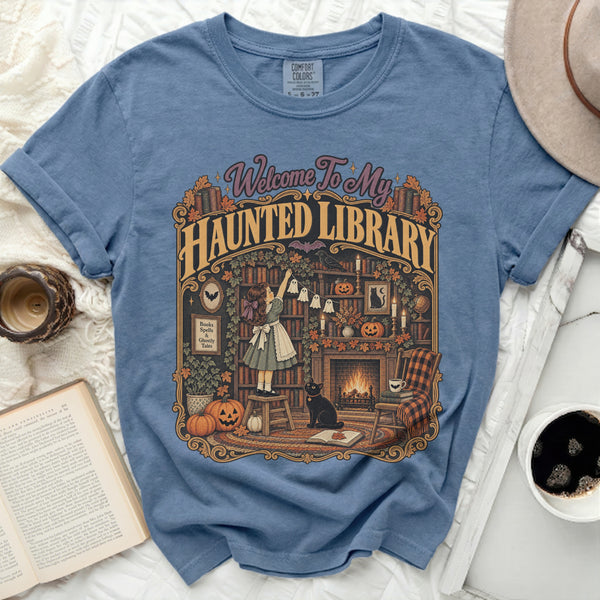 Haunted Library Cat Tee in Blue Jean