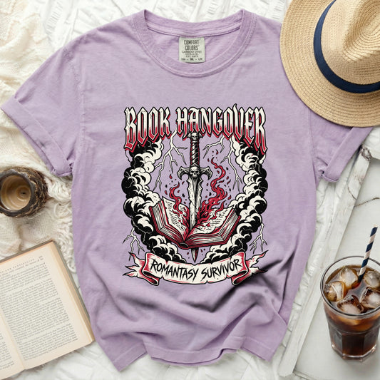 Lavender t-shirt with "Book Hangover" and "Romantasy Survivor" graphic.