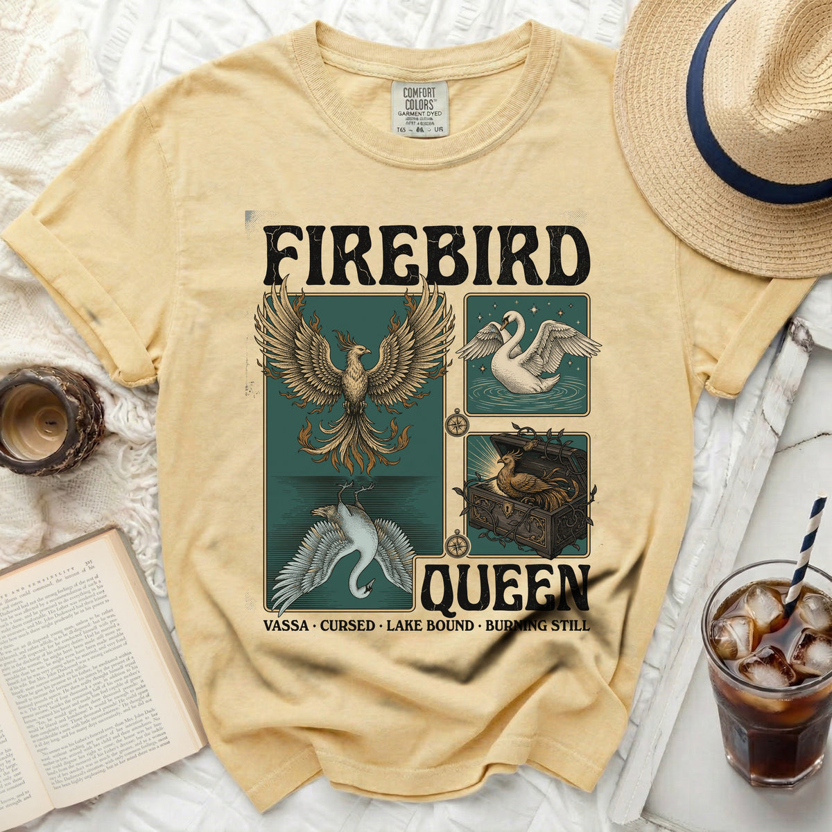 Yellow t-shirt with "FIREBIRD QUEEN" graphic featuring birds and text.