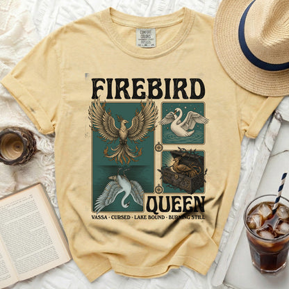 Yellow t-shirt with "FIREBIRD QUEEN" graphic featuring birds and text.