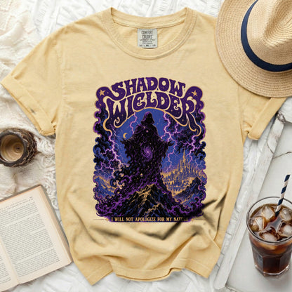 Yellow t-shirt with "Shadow Welder" graphic and "I Will Not Apologize For My Nature" text.