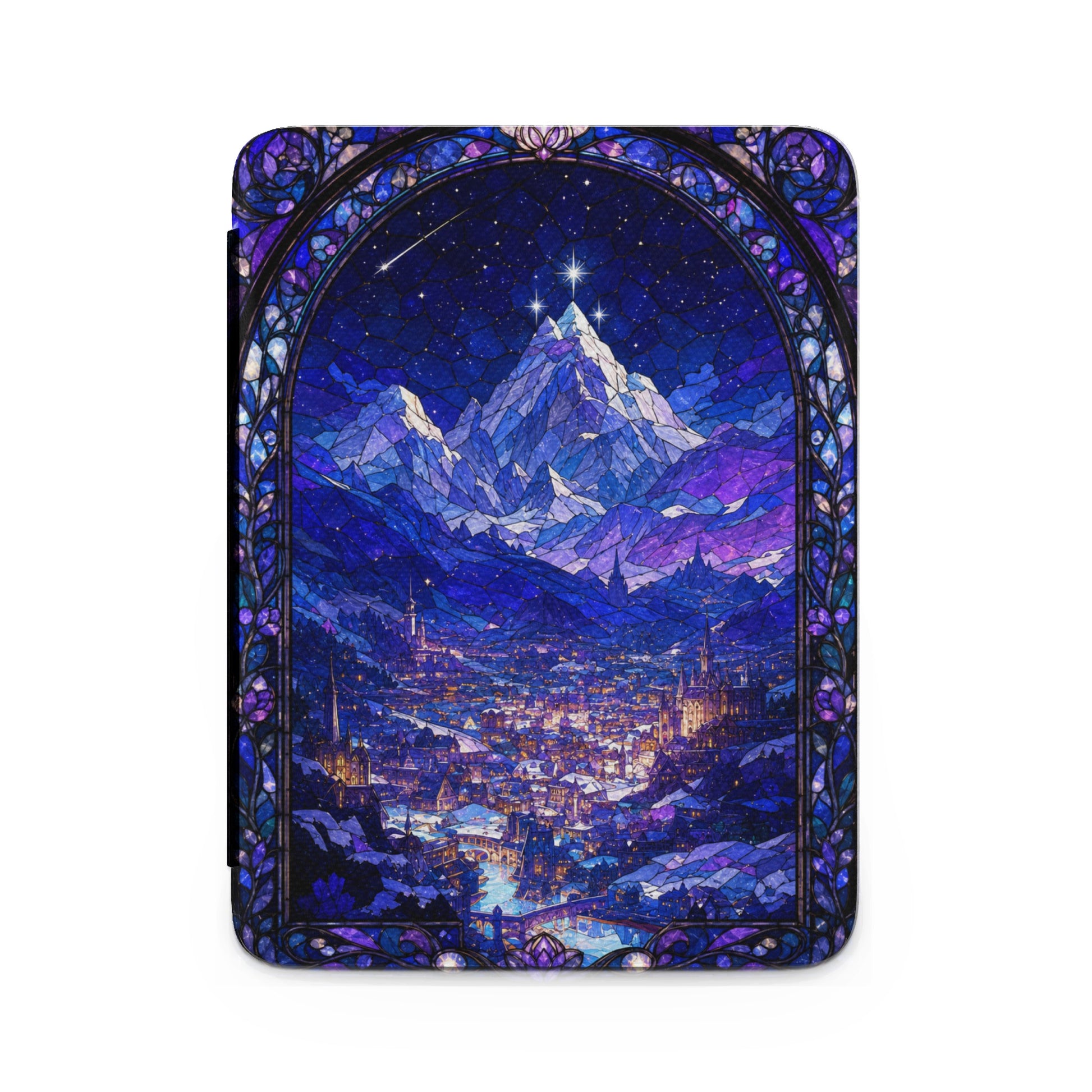 Stained glass window depicting a snow-covered city at night with mountains and stars.