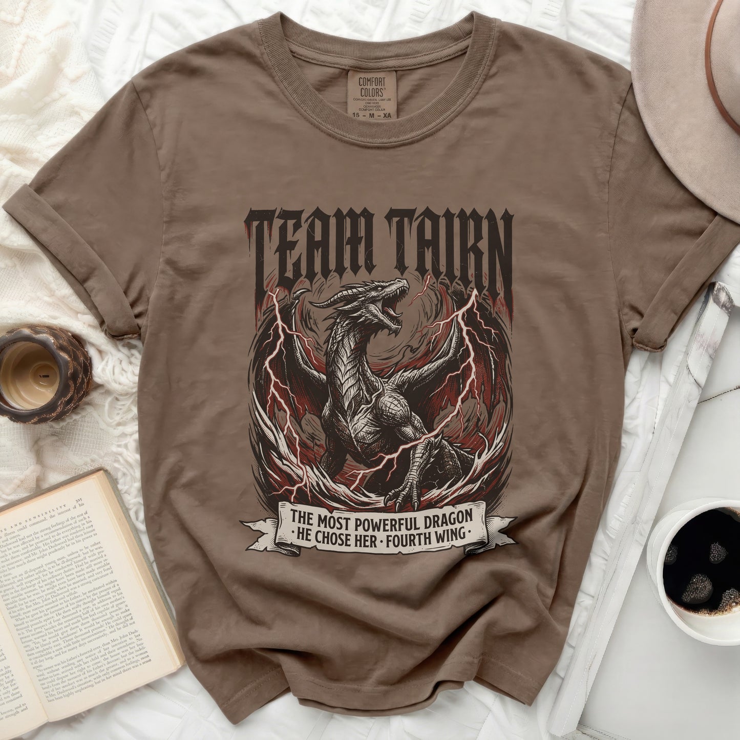 T-shirt with dragon graphic and text "TEAM TAIRN THE MOST POWERFUL DRAGON HE CHOSE HER FOURTH WING".