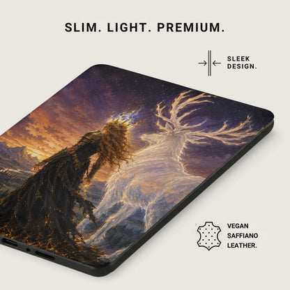 Phone case with artwork of a woman and a stag under a starry sky.