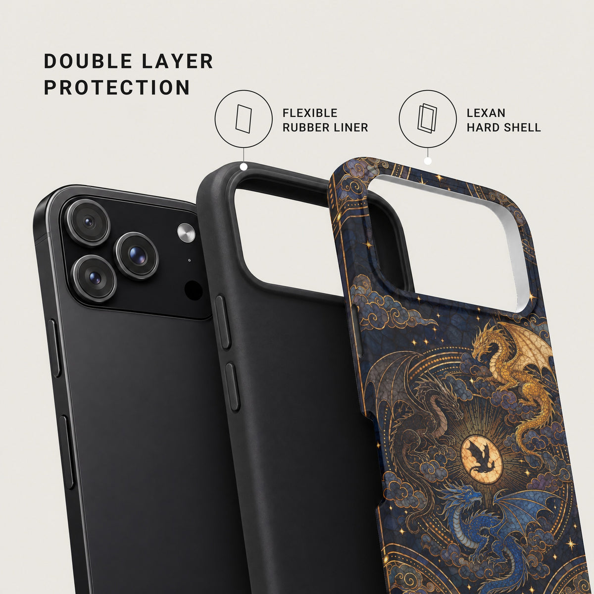 An exploded view of a phone case showing a flexible rubber liner and a Lexan hard shell.