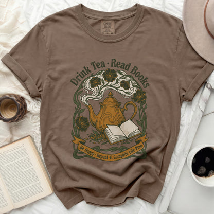T-shirt with "Drink Tea • Read Books" and teapot graphic.