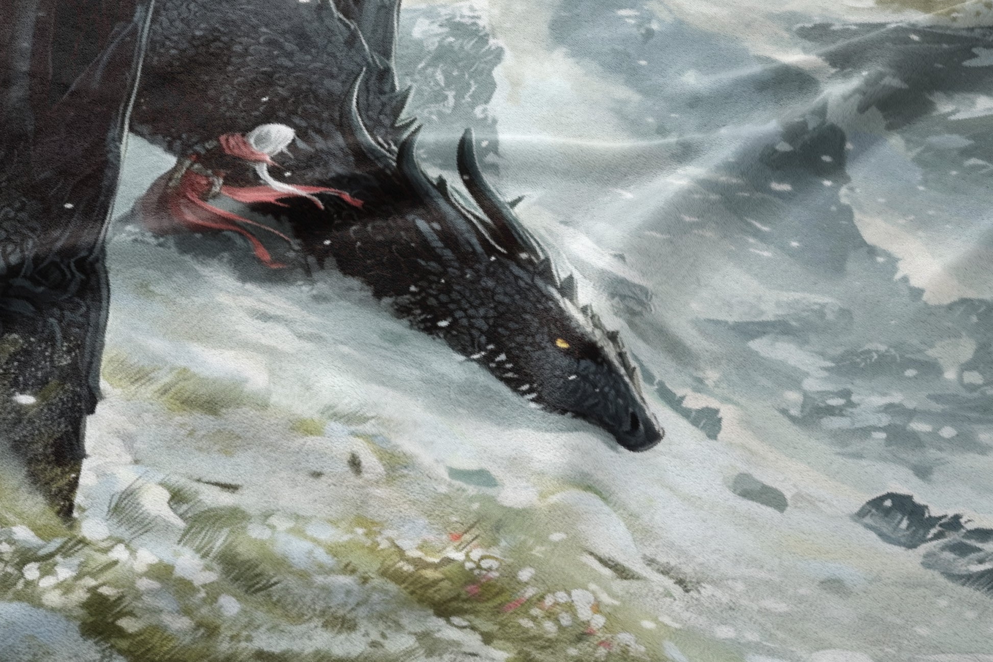 Majestic Dragon and Warrior in Snowy Landscape Art Print