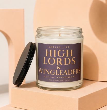 Candle with text "Smells Like High Lords & Wingleaders"