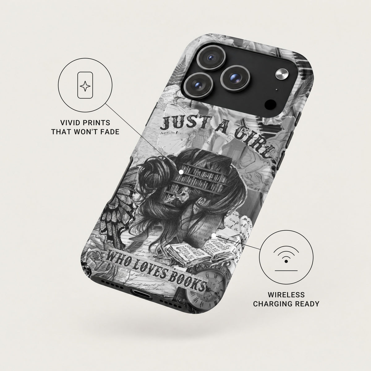 A black and white iPhone case featuring a collage of text, books, and a girl's silhouette.