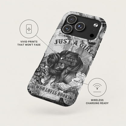 A black and white iPhone case featuring a collage of text, books, and a girl's silhouette.