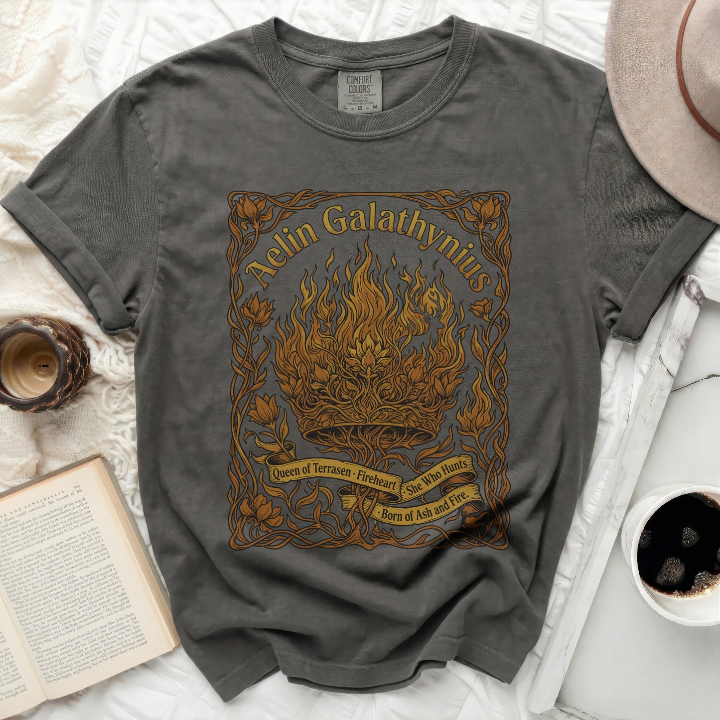 Dark t-shirt with Aelin Galathynius crown and fiery text.