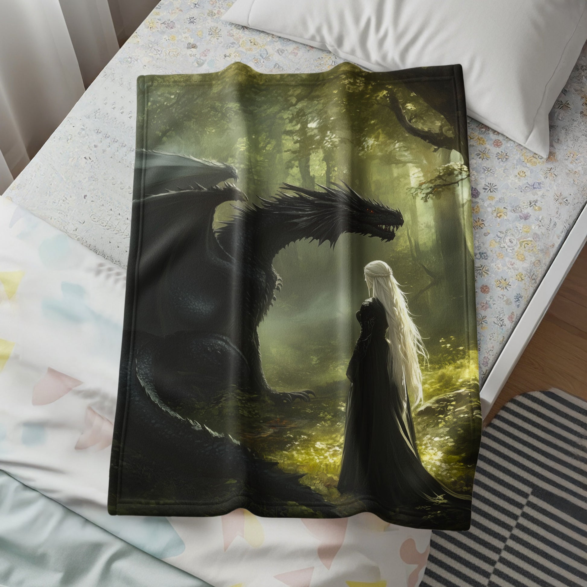 Enchanting Dragon in Forest Scene Blanket