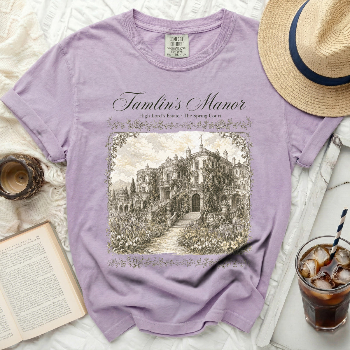 Lavender t-shirt with "Tamlin's Manor High Lord's Estate" art.