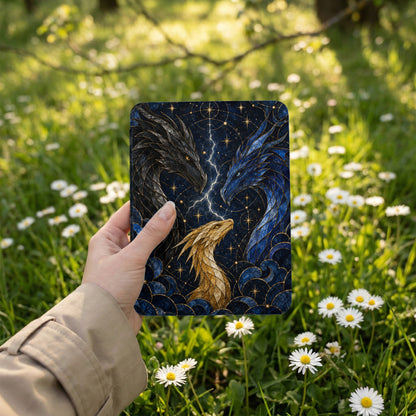 Three dragons, black, blue, and gold, amidst lightning and stars on a dark background.