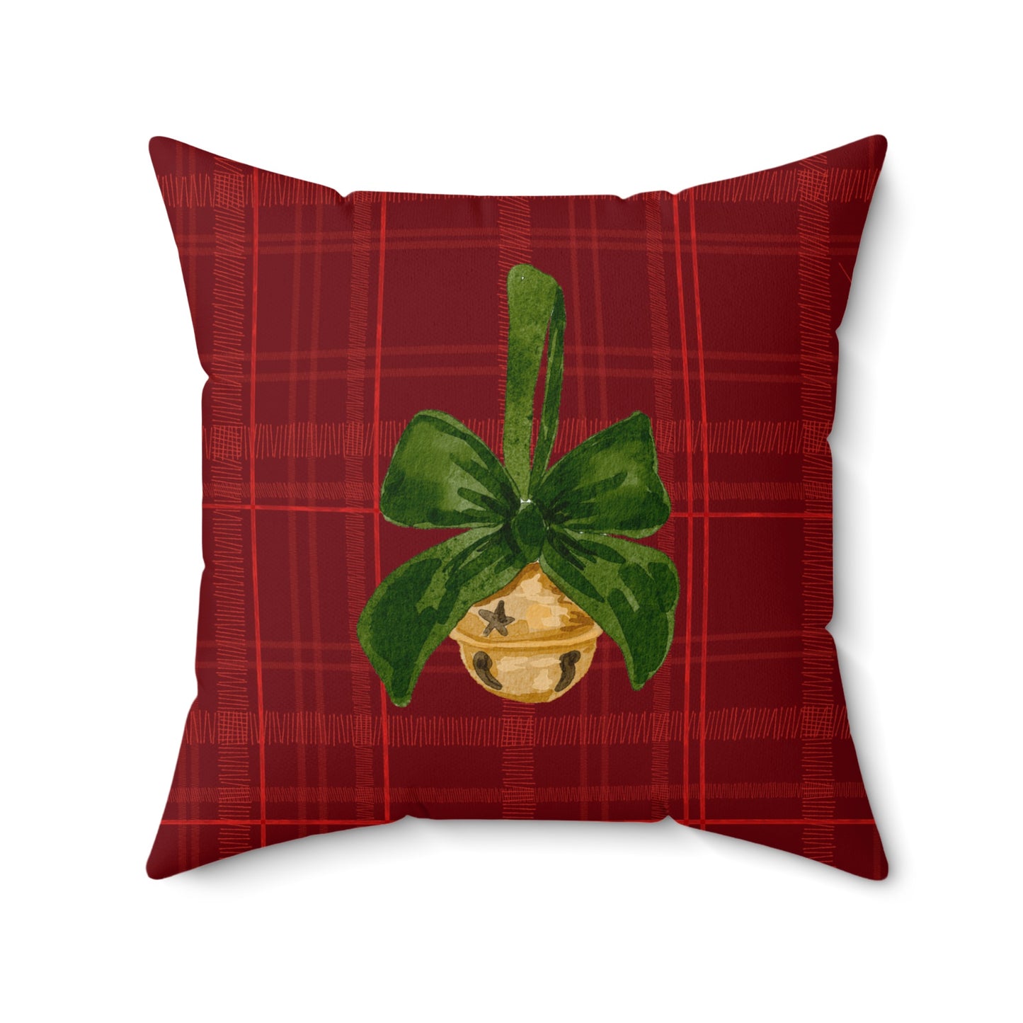 Festive Bell Design on Red Plaid Pattern Pillow product
