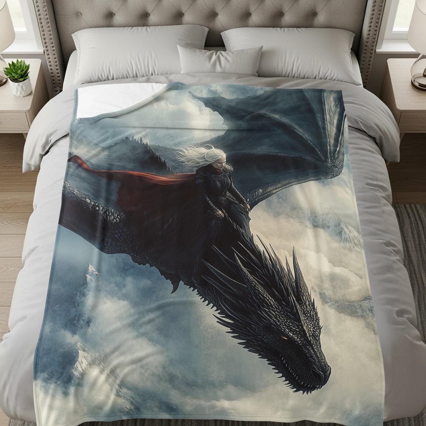 Epic Dragon Rider Flying Over Stormy Skies Blanket