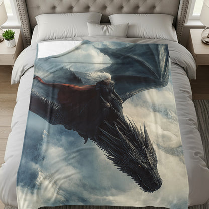 Epic Dragon Rider Flying Over Stormy Skies Blanket