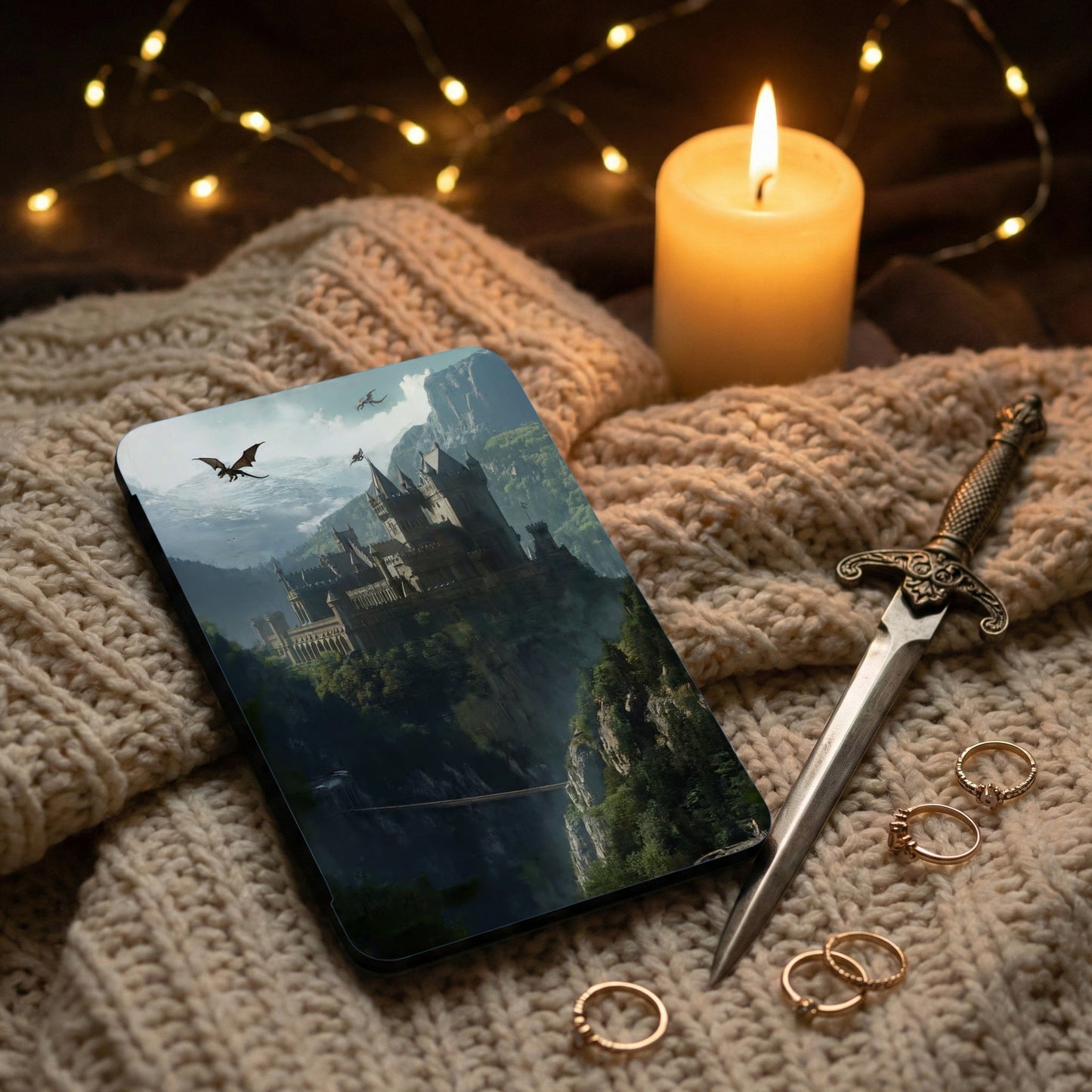 Mystical Castle Dragons Flying Mountain Scene product type