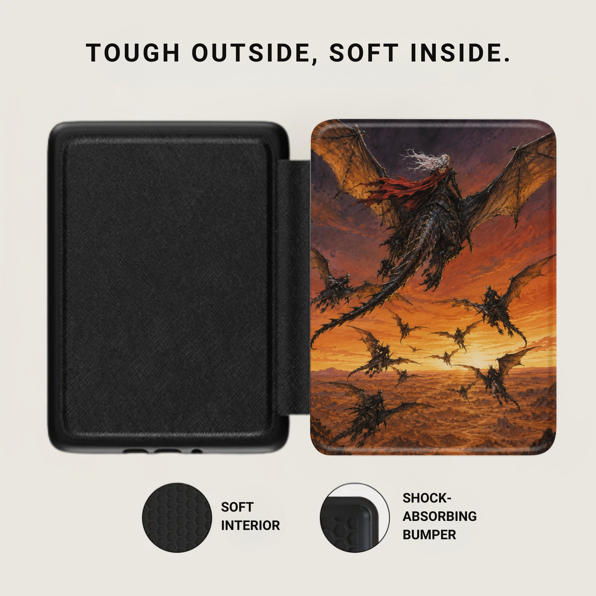 Black case with a dragon graphic, displaying "Tough Outside. Soft Inside." and protection features.