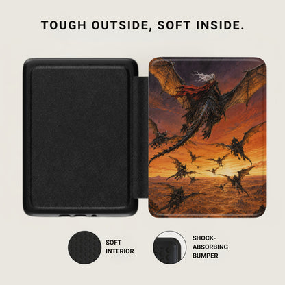 Black case with a dragon graphic, displaying "Tough Outside. Soft Inside." and protection features.