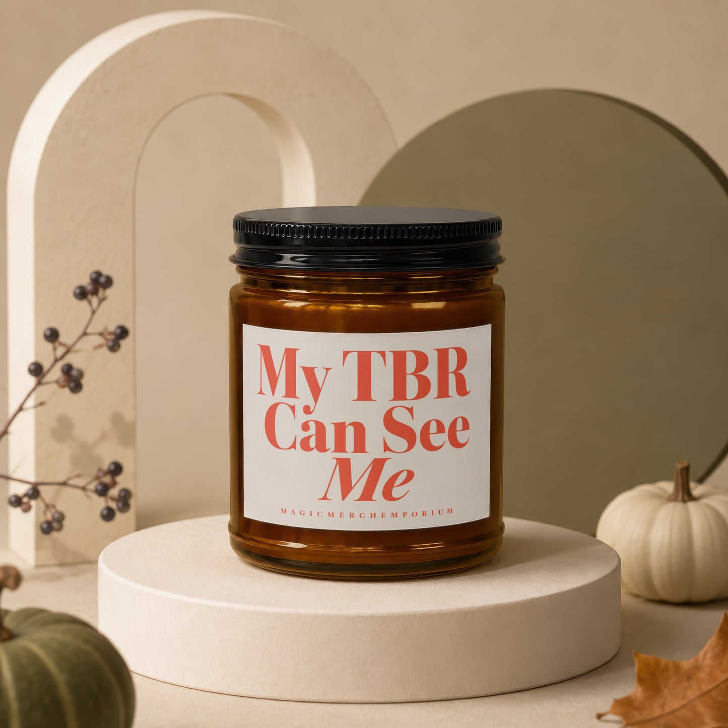 Brown glass candle with "My TBR Can See Me" text on the label.