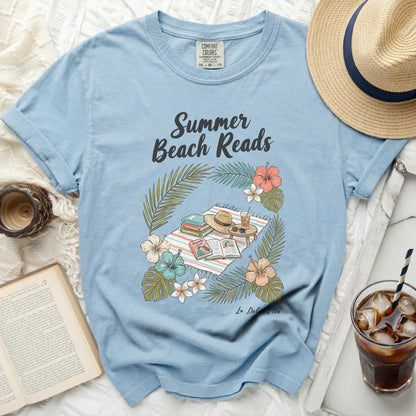 Light blue t-shirt with "Summer Beach Reads" and tropical graphics.