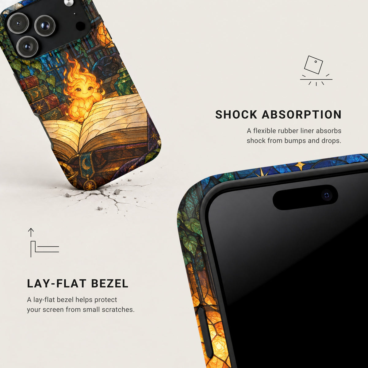 An iPhone case with a stained-glass fantasy illustration featuring a fiery creature reading a book, highlighting shock absorption and lay-flat bezel features.