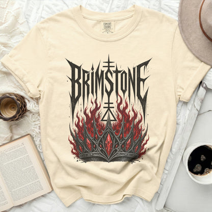 Cream t-shirt with "BRIMSTONE" text and a fiery crown graphic.
