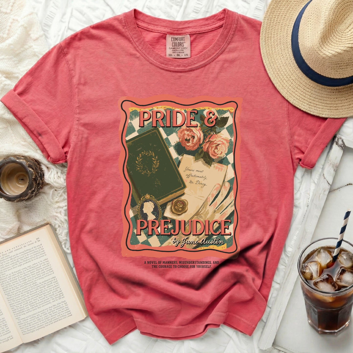 Coral t-shirt with Pride and Prejudice graphic, book, roses, and quote.