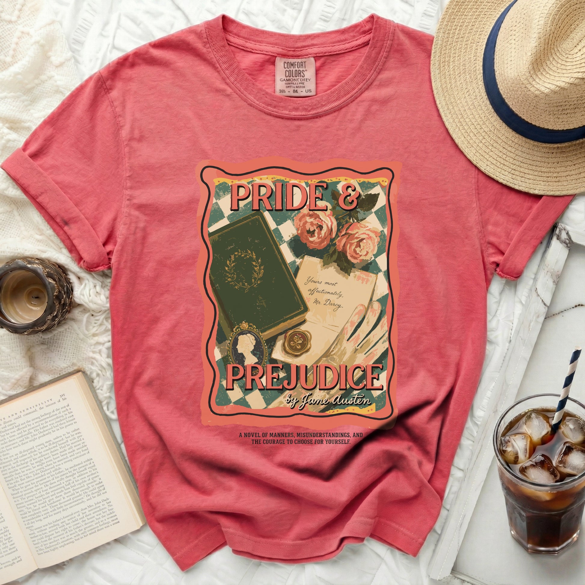 Coral t-shirt with Pride and Prejudice graphic, book, roses, and quote.