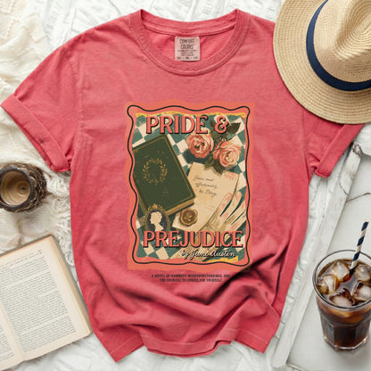 Coral t-shirt with Pride and Prejudice graphic, book, roses, and quote.