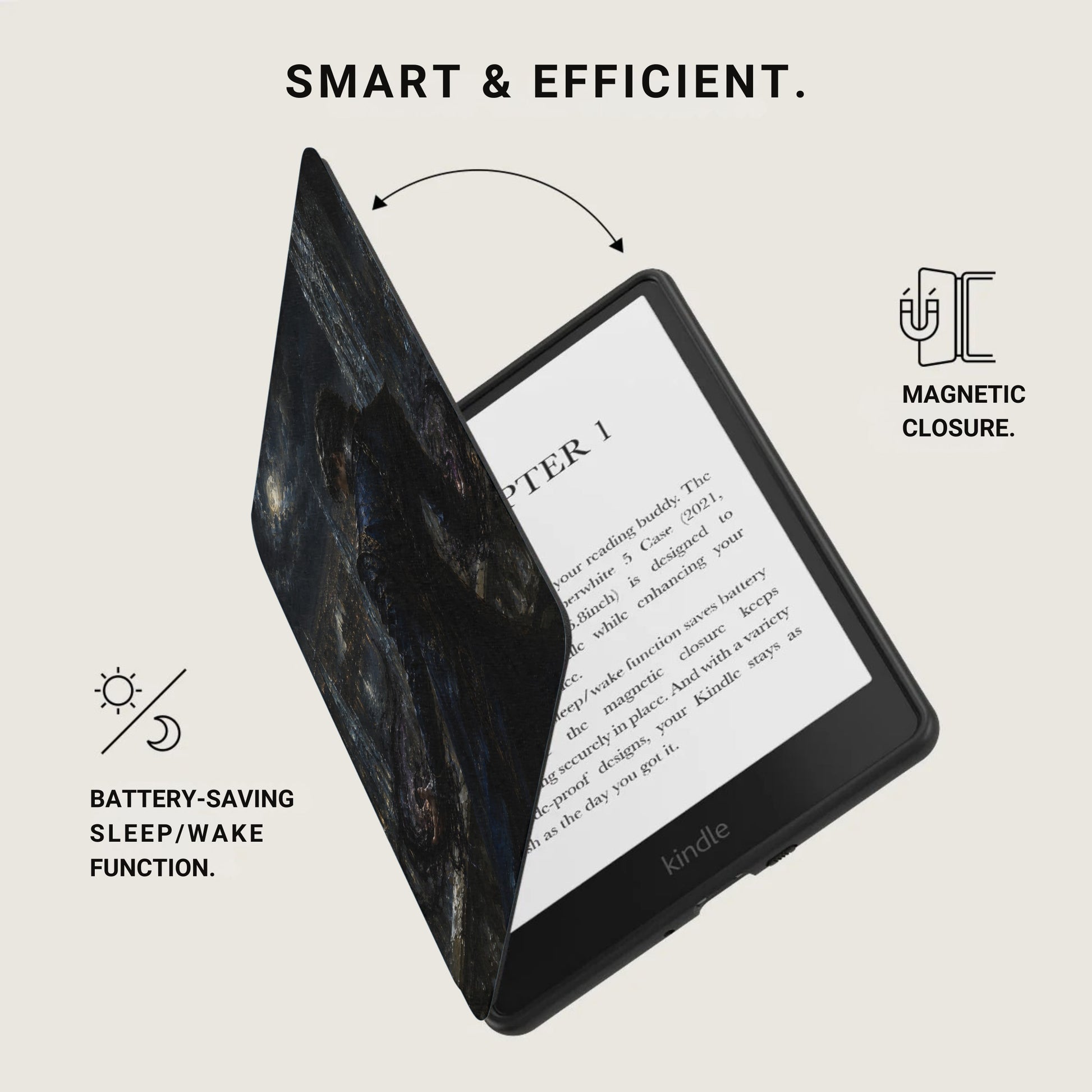 Kindle with a dark abstract cover and screen displaying "CHAPTER 1".