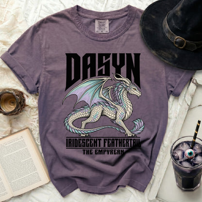 Purple t-shirt with iridescent dragon graphic and text "DASYN IRIDESCENT FEATHERTAIL THE EMPYREAN".