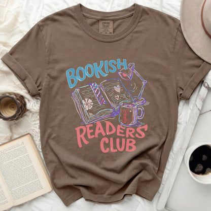T-shirt with "Bookish Readers Club" graphic, featuring books, lamp, and mug.