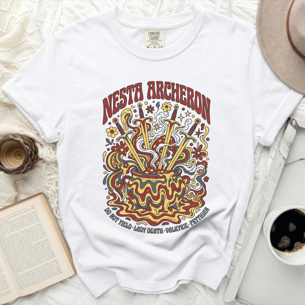 White t-shirt with "Nesta Archeron" and "Do Not Yield Lady Death Valkyrie Prythian" text.