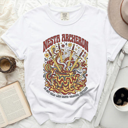 White t-shirt with "Nesta Archeron" and "Do Not Yield Lady Death Valkyrie Prythian" text.