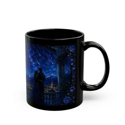 Black mug with a stained glass design of a couple watching shooting stars over a city.