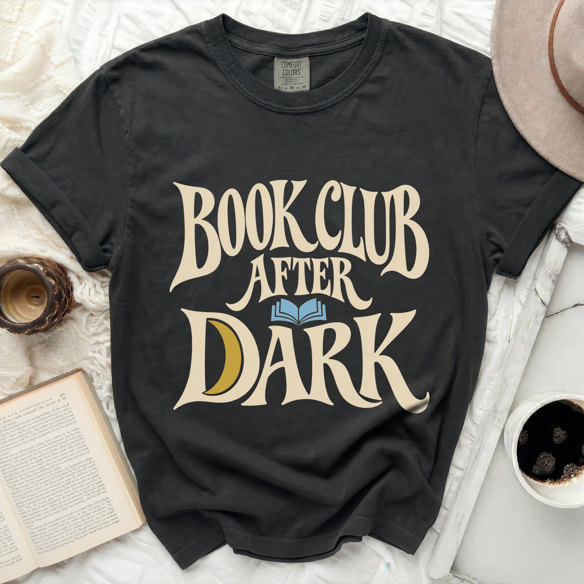 Dark gray t-shirt with "BOOK CLUB AFTER DARK" graphic and an open book.