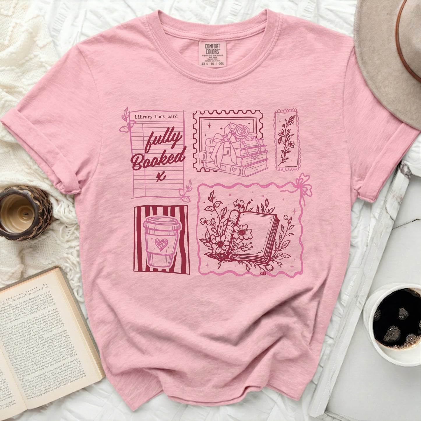 Pink t-shirt with "Library Book Card" and "Fully Booked" graphics.