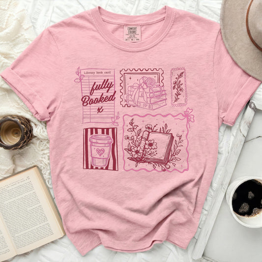 Pink t-shirt with "Library Book Card" and "Fully Booked" graphics.