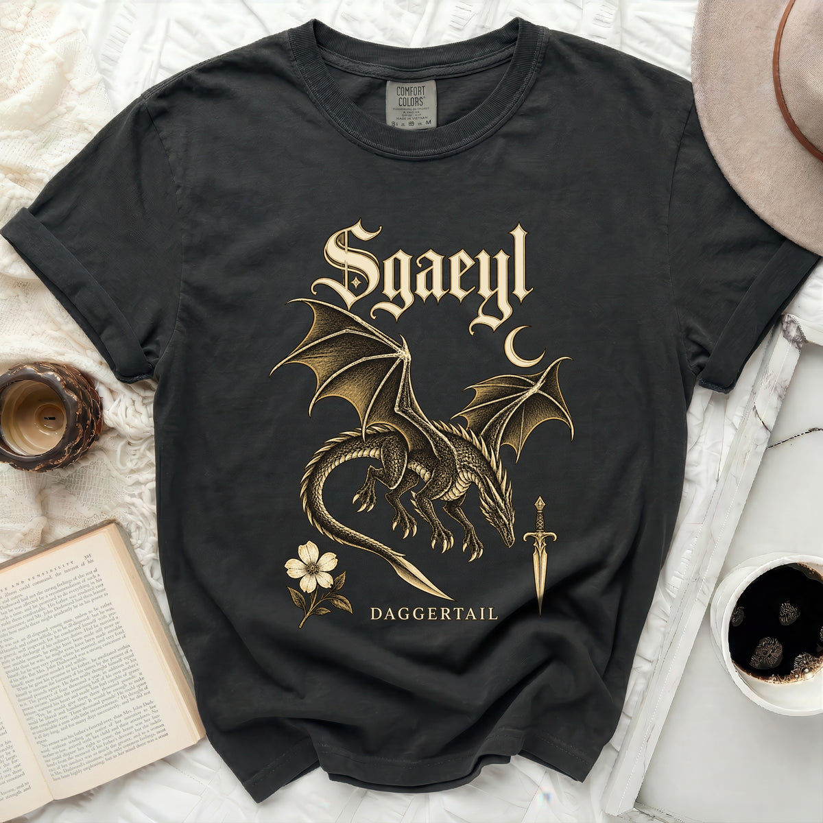 Black t-shirt with "Sgaeyl Daggertail" text and dragon graphic.