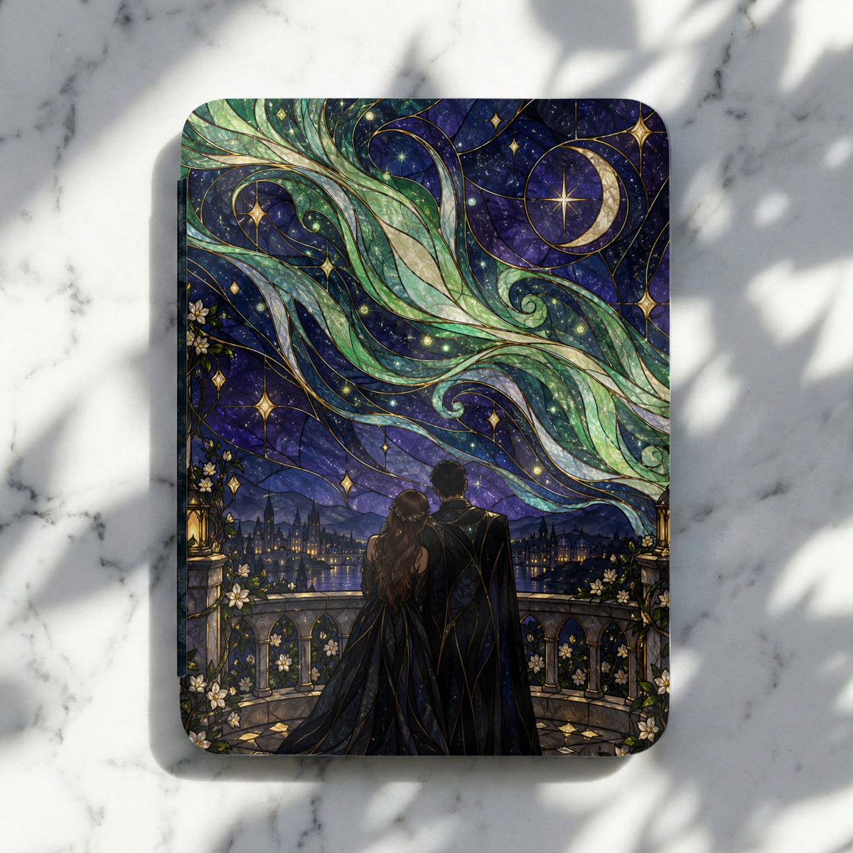 Couple admiring starry night sky and city lights from a balcony, stained glass style.