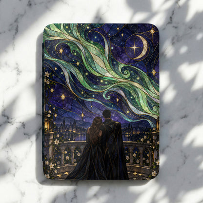 Couple admiring starry night sky and city lights from a balcony, stained glass style.