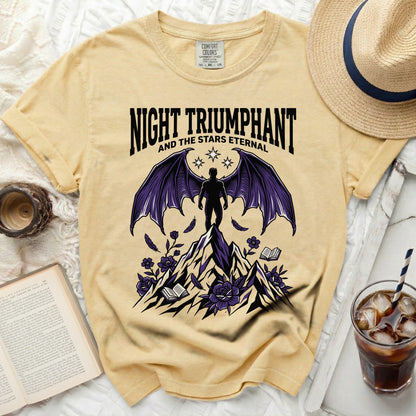 Yellow t-shirt with "Night Triumphant and the Stars Eternal" text and winged figure.