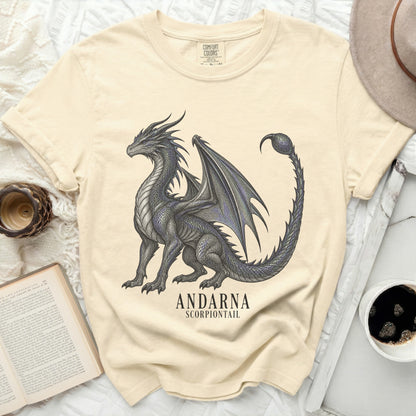 Cream t-shirt with a black dragon graphic and text "ANDARNA SCORPIONTAIL".